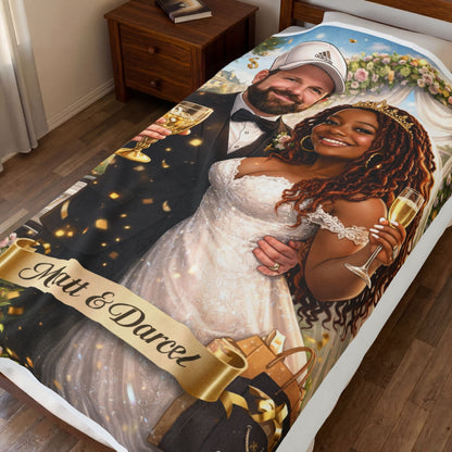 Custom Wedding Couple Velveteen Plush Blanket – Personalized 'Matt & Darcel' Champagne Toast Design