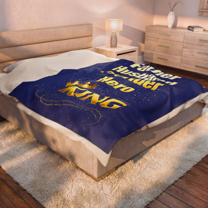 "Father Husband Provider Hero King" Gold Crown Tribute Velveteen Blanket (Blue)