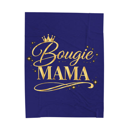 Bougie Mama Velveteen Plush Blanket (Blue) — Royal Gold Script Throw for Stylish Moms