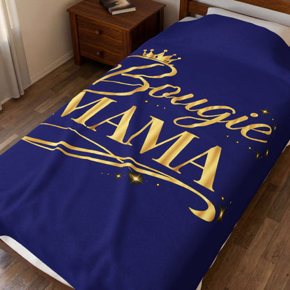 Bougie Mama Velveteen Plush Blanket (Blue) — Royal Gold Script Throw for Stylish Moms