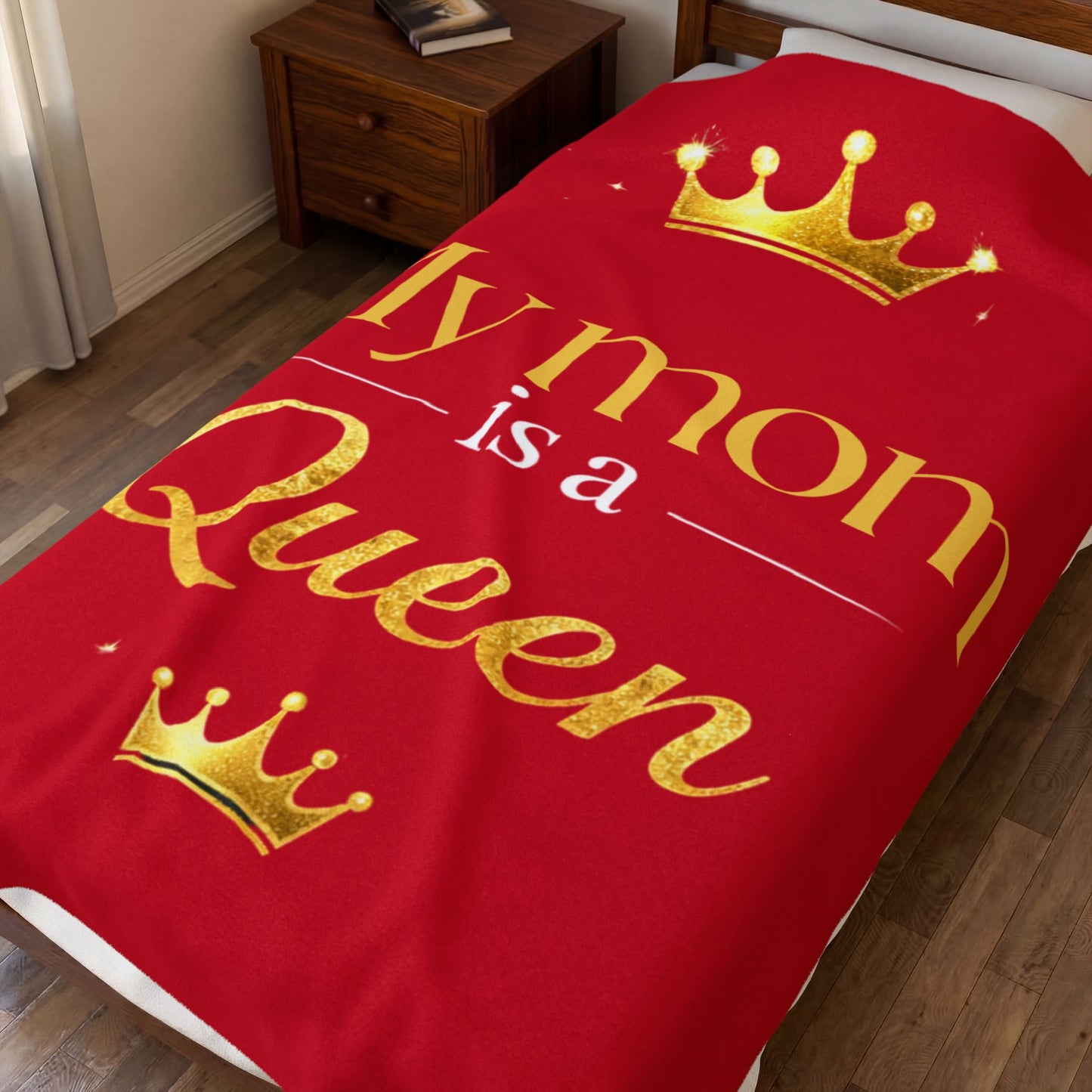 Velveteen Plush Blanket — "My Mom is a Queen" Gold Crown Mother's Day Throw