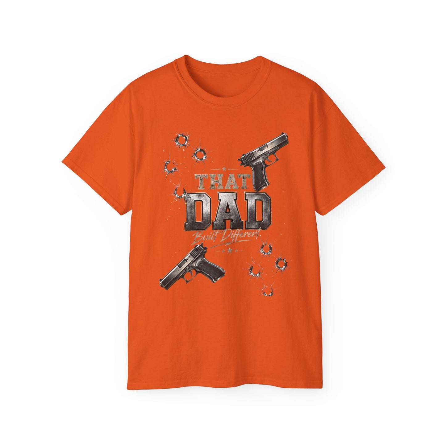 That Dad Built Different T‑Shirt — Gun & Bullet Hole Graphic Father’s Day Tee