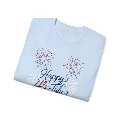 4th of July Fireworks Tee - "Happy 4th of July" Patriotic Cotton Shirt