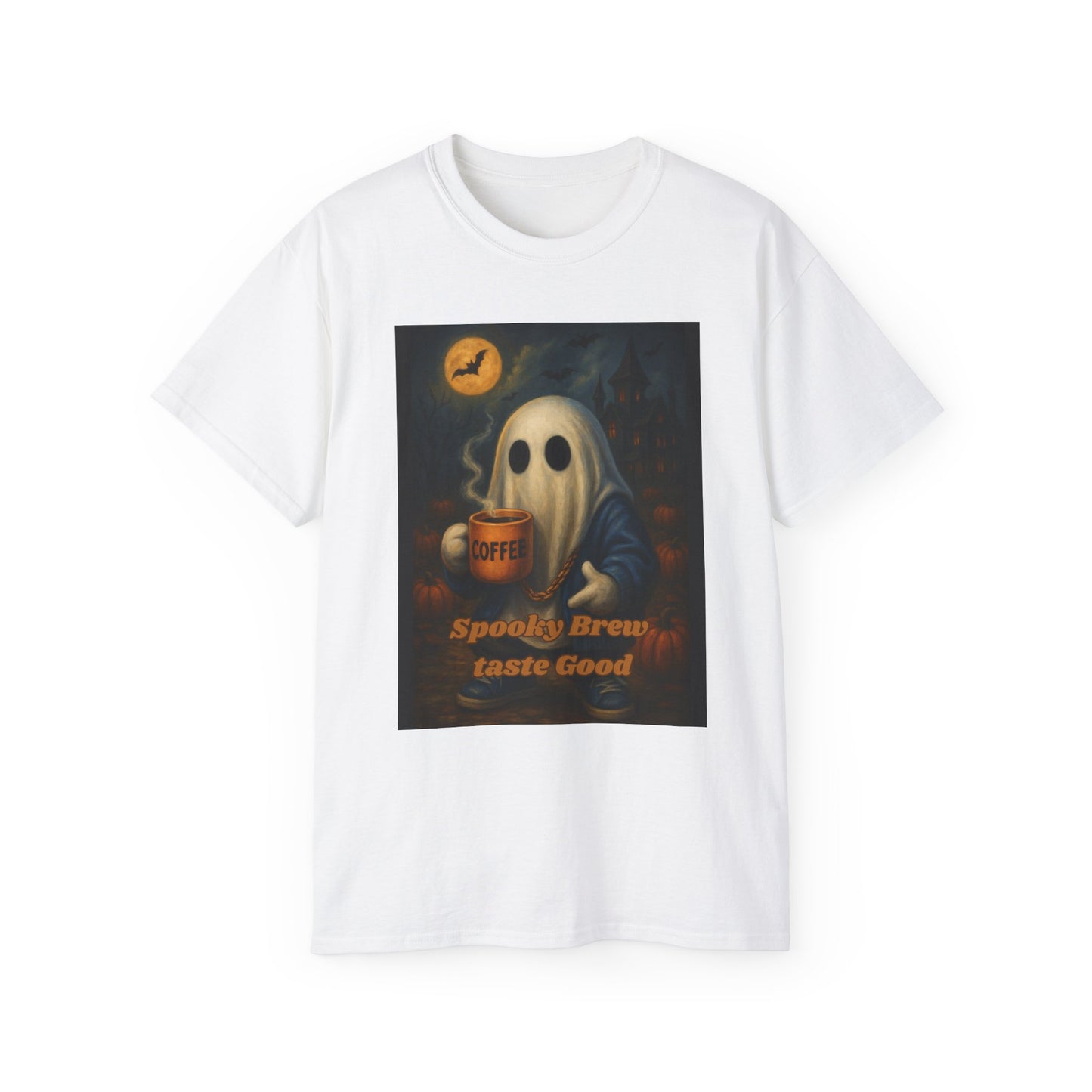 Spooky Ghost Coffee Cotton T-Shirt (Pumpkin Patch)