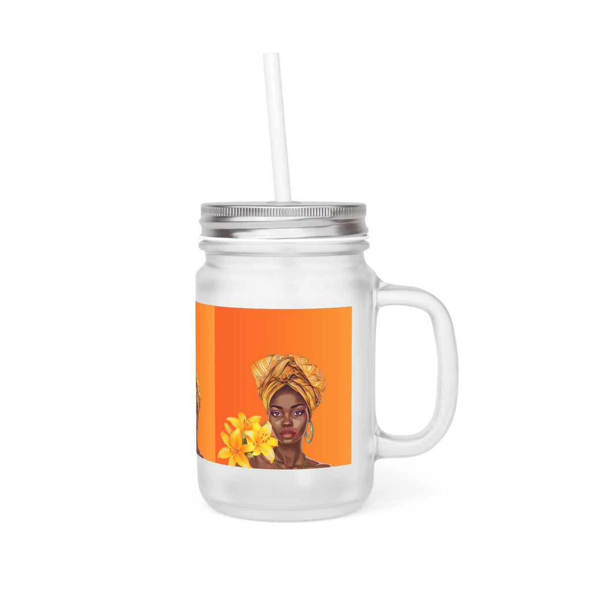 Floral Art Mason Jar with Straw - Afrocentric Design for Summer Parties & Gifts
