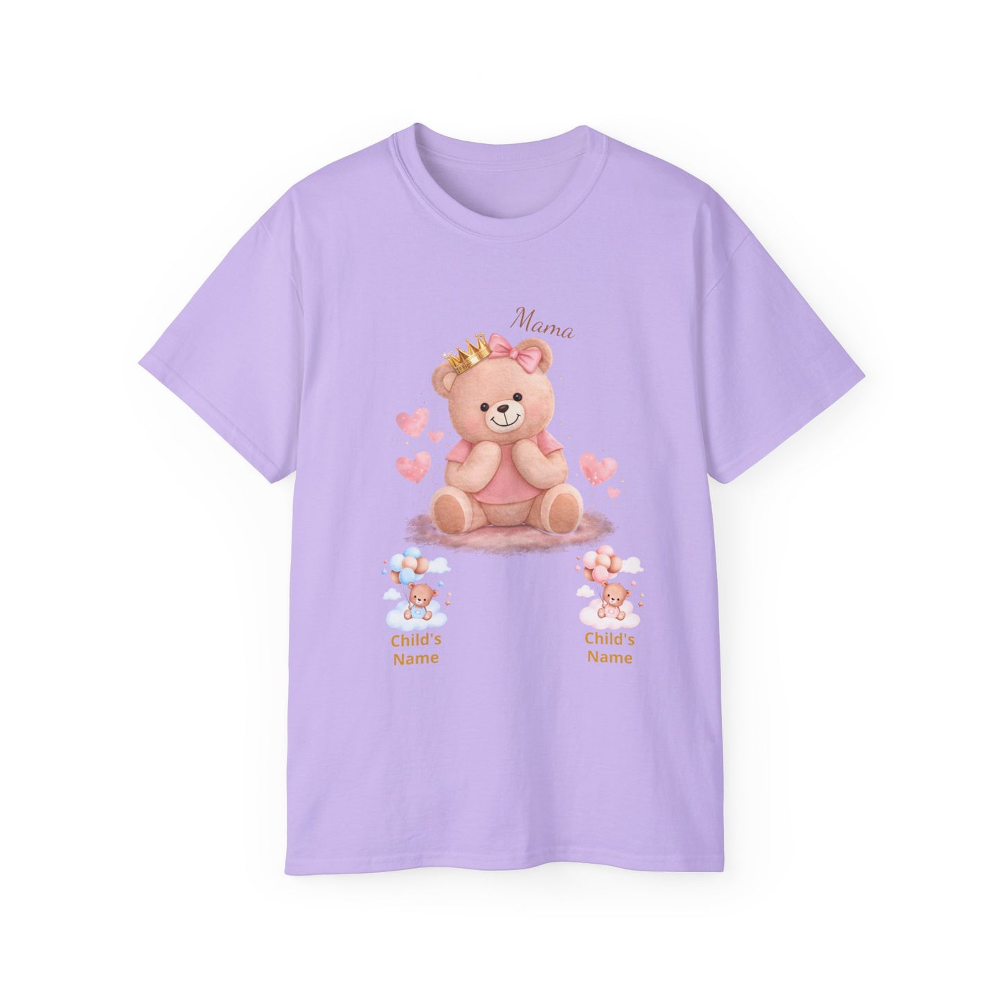 Personalized Mama Bear T-Shirt — Pink Heart Baby Bear with Custom Names