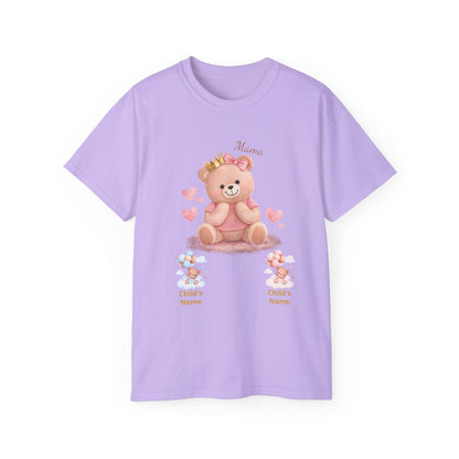 Personalized Mama Bear T-Shirt — Pink Heart Baby Bear with Custom Names
