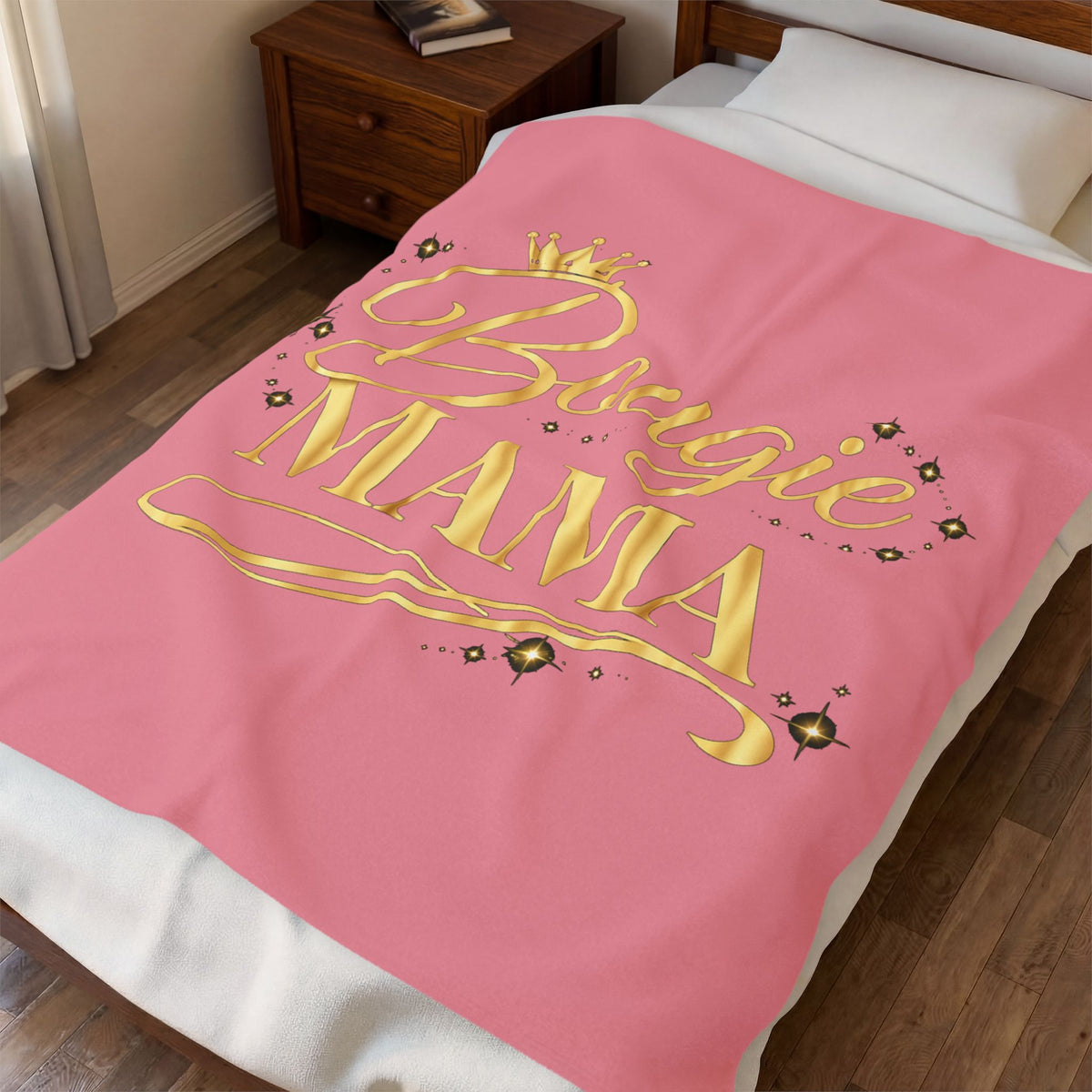 Bougie Mama Velveteen Plush Blanket – Pink & Gold Cozy Throw for Stylish Moms, Mother’s Day Gift