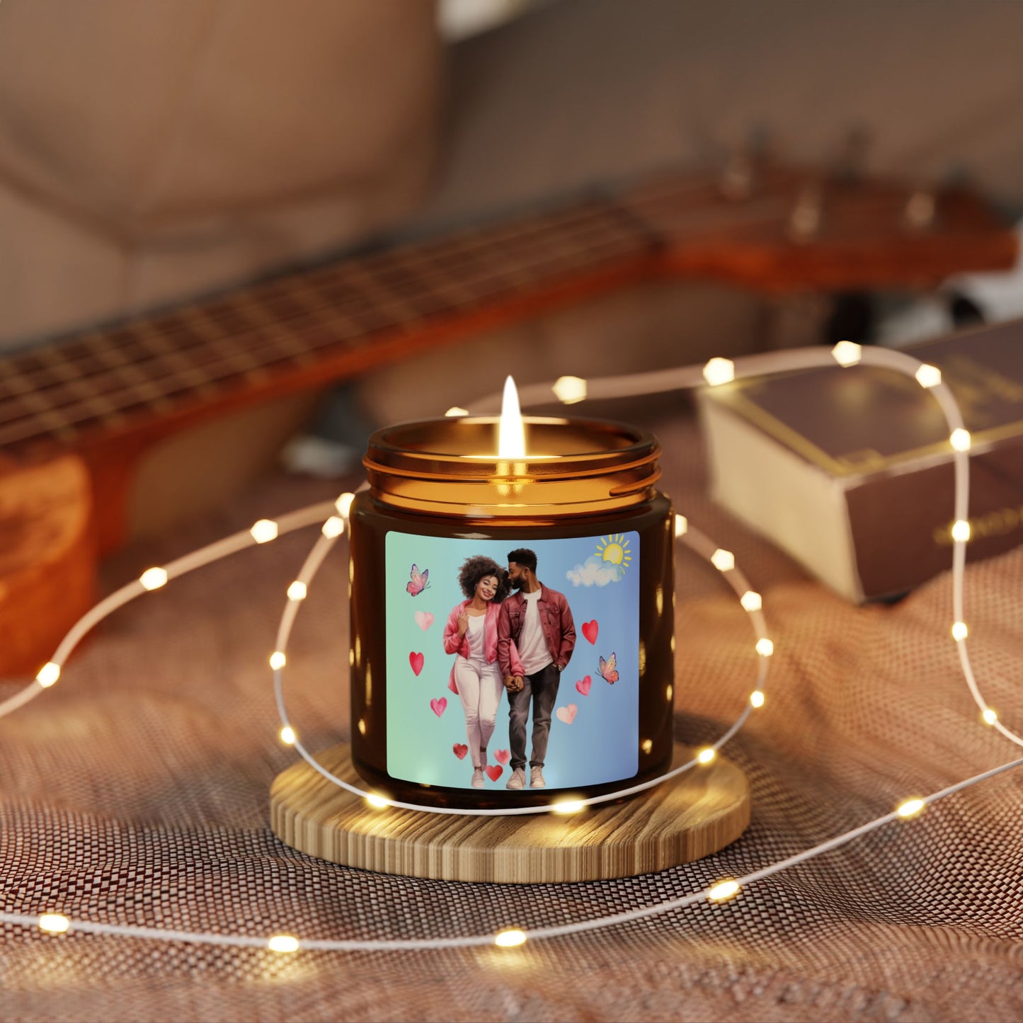 Hearts and Butterflies-Scented Soy Candle (Multi-Size, Amber Jar)