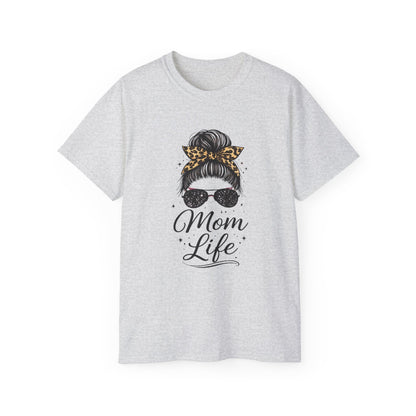 Mom Life Tee — Leopard Bandana Messy Bun Graphic Shirt for Moms