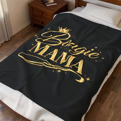 Bougie Mama Velveteen Plush Blanket (Black)— Luxurious Gold Script Throw for Moms, Mother's Day Gift