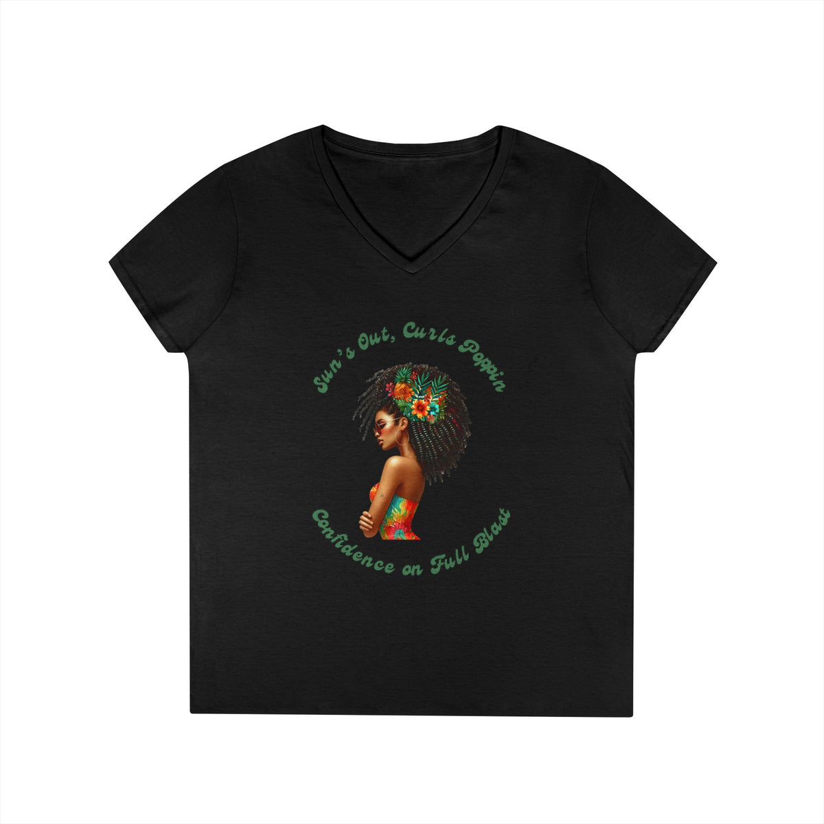 Curls Poppin-Ladies' V-Neck T-Shirt with Confident Design