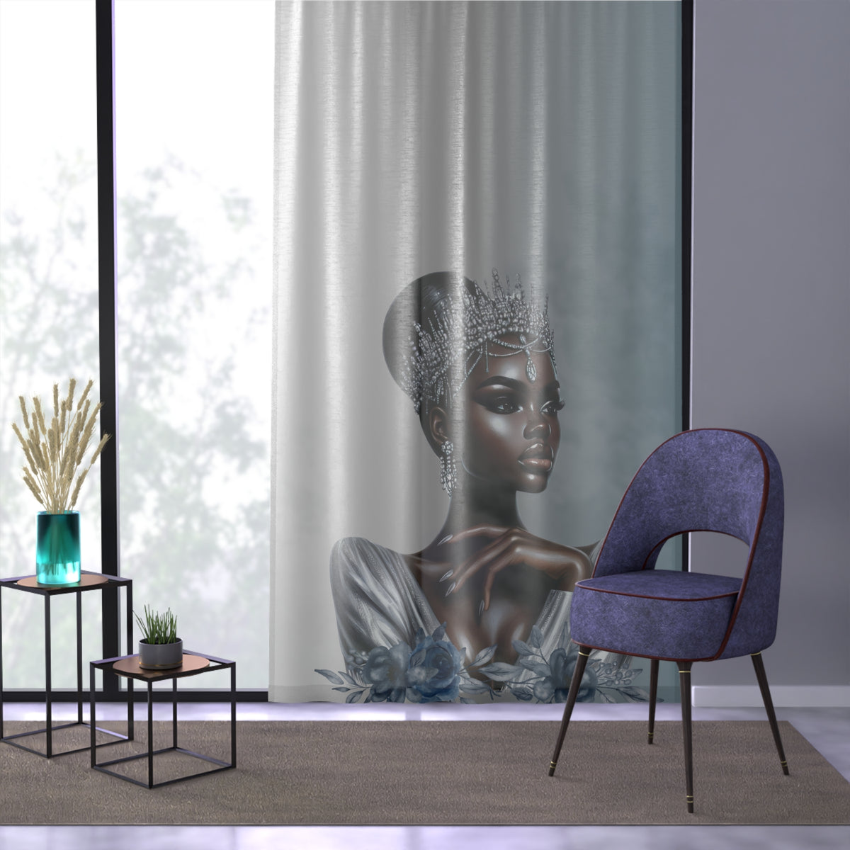 Queen Silver: Artistic Window Curtain with Floral and Regal Motif