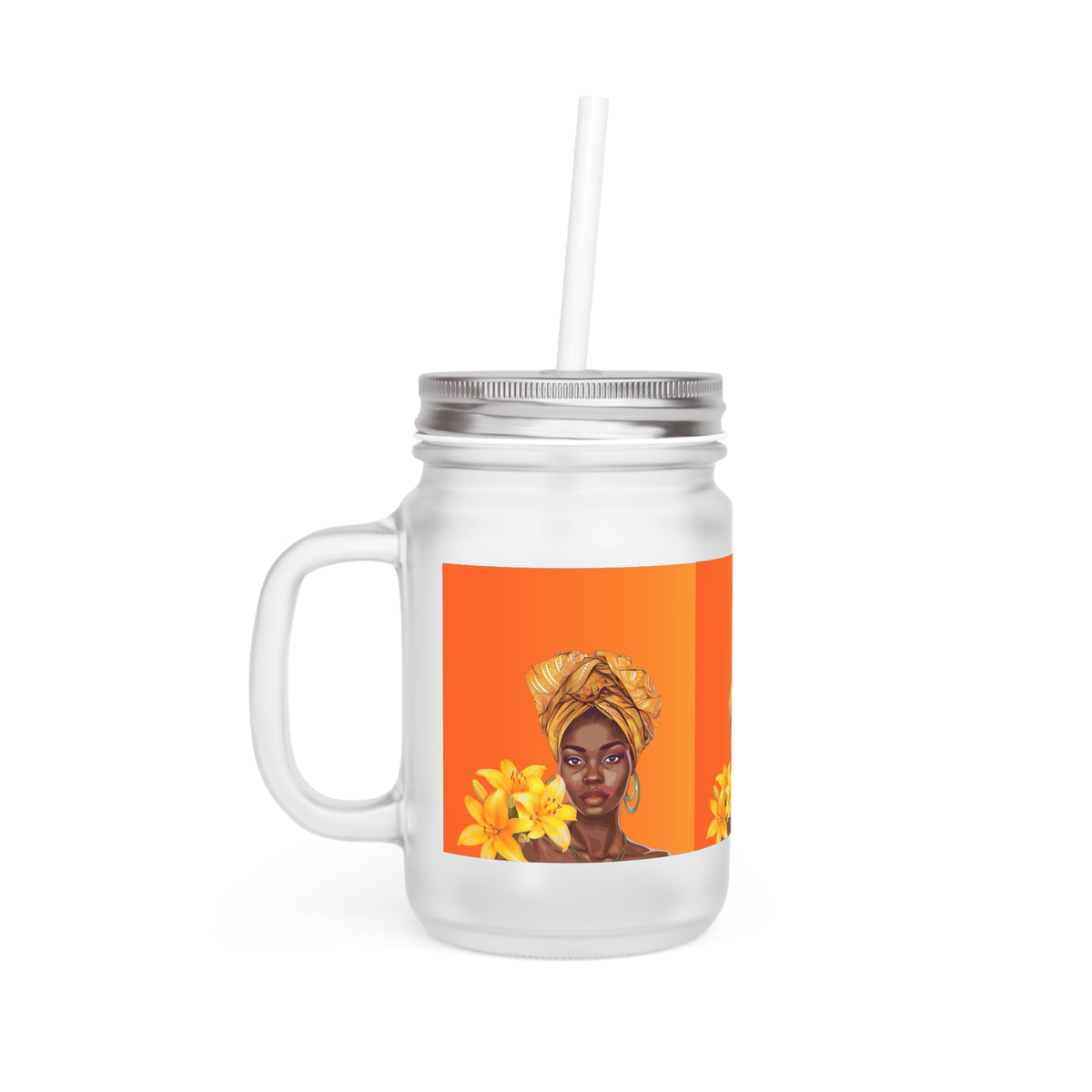 Floral Art Mason Jar with Straw - Afrocentric Design for Summer Parties & Gifts