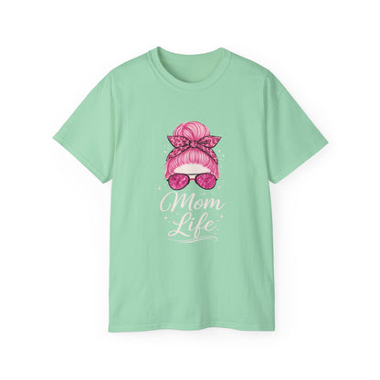 Mom Life Graphic Tee — Pink Messy Bun Sunglasses Mother's Day T-Shirt