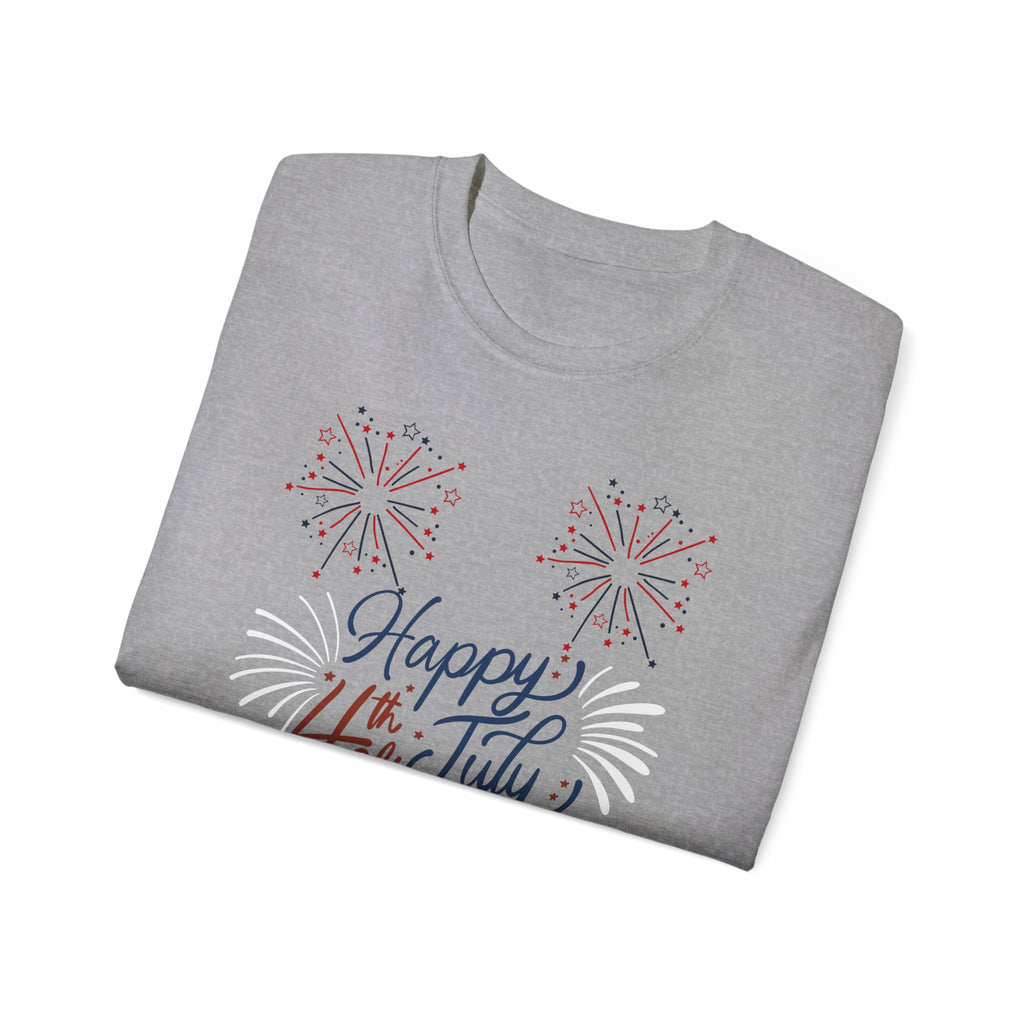 4th of July Fireworks Tee - "Happy 4th of July" Patriotic Cotton Shirt