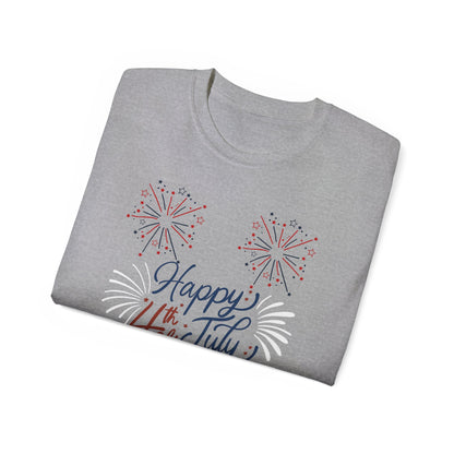 4th of July Fireworks Tee - "Happy 4th of July" Patriotic Cotton Shirt