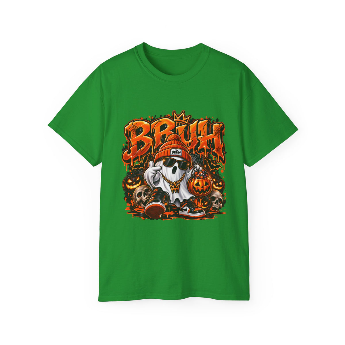 Halloween 'Bruh' Ghost Tee –Enhanced Spooky Pumpkin Skull Graphic T-Shirt