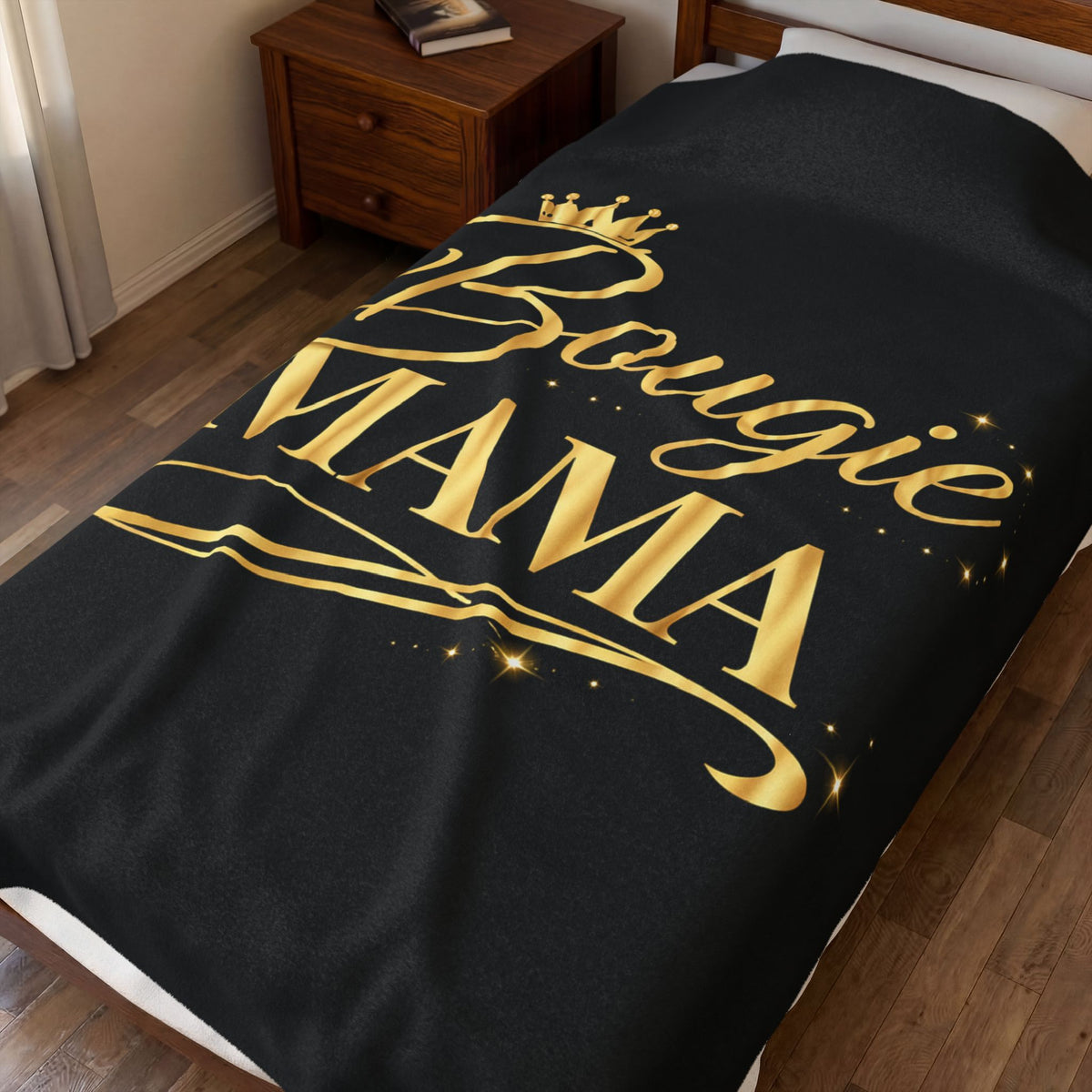 Bougie Mama Velveteen Plush Blanket (Black)— Luxurious Gold Script Throw for Moms, Mother's Day Gift