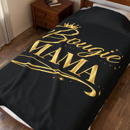 Bougie Mama Velveteen Plush Blanket (Black)— Luxurious Gold Script Throw for Moms, Mother's Day Gift