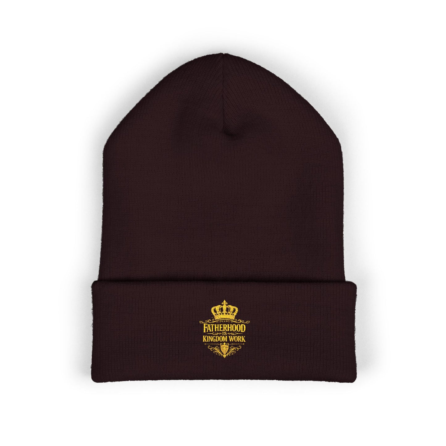 Embroidered Gold Crown Cuffed Beanie — Classic Knit Winter Hat