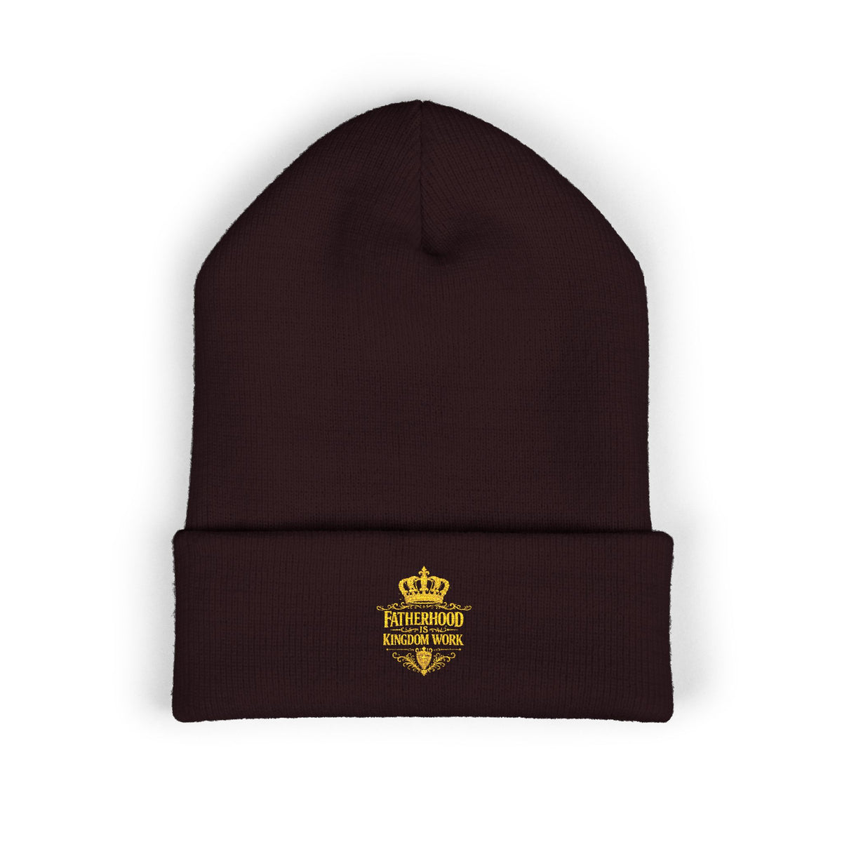 Embroidered Gold Crown Cuffed Beanie — Classic Knit Winter Hat