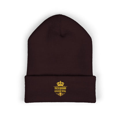 Embroidered Gold Crown Cuffed Beanie — Classic Knit Winter Hat