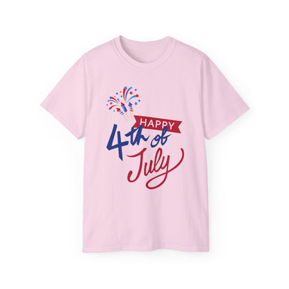 4th of July Graphic Tee - "Happy 4th of July" Fireworks Patriotic T-Shirt