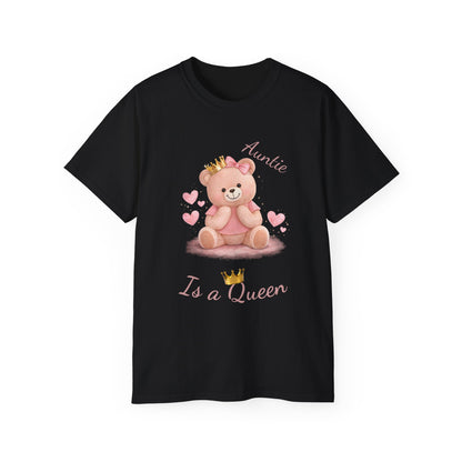 “Auntie Is a Queen” Cotton Tee — Cute Pink Crowned Bear Gift