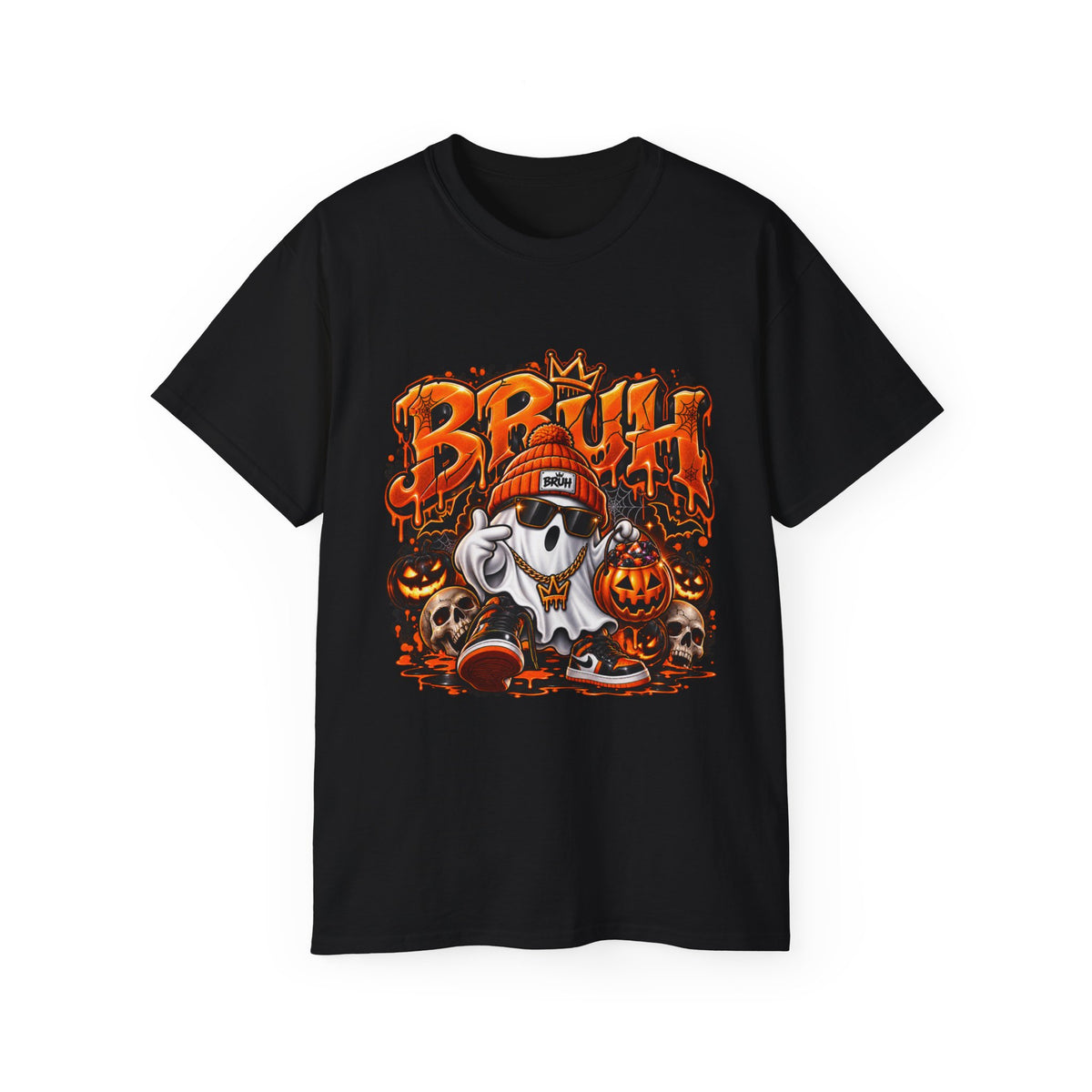 Halloween 'Bruh' Ghost Tee –Enhanced Spooky Pumpkin Skull Graphic T-Shirt