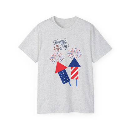 Fourth of July Fireworks Tee — "Happy 4th July" Patriotic Rocket T-Shirt