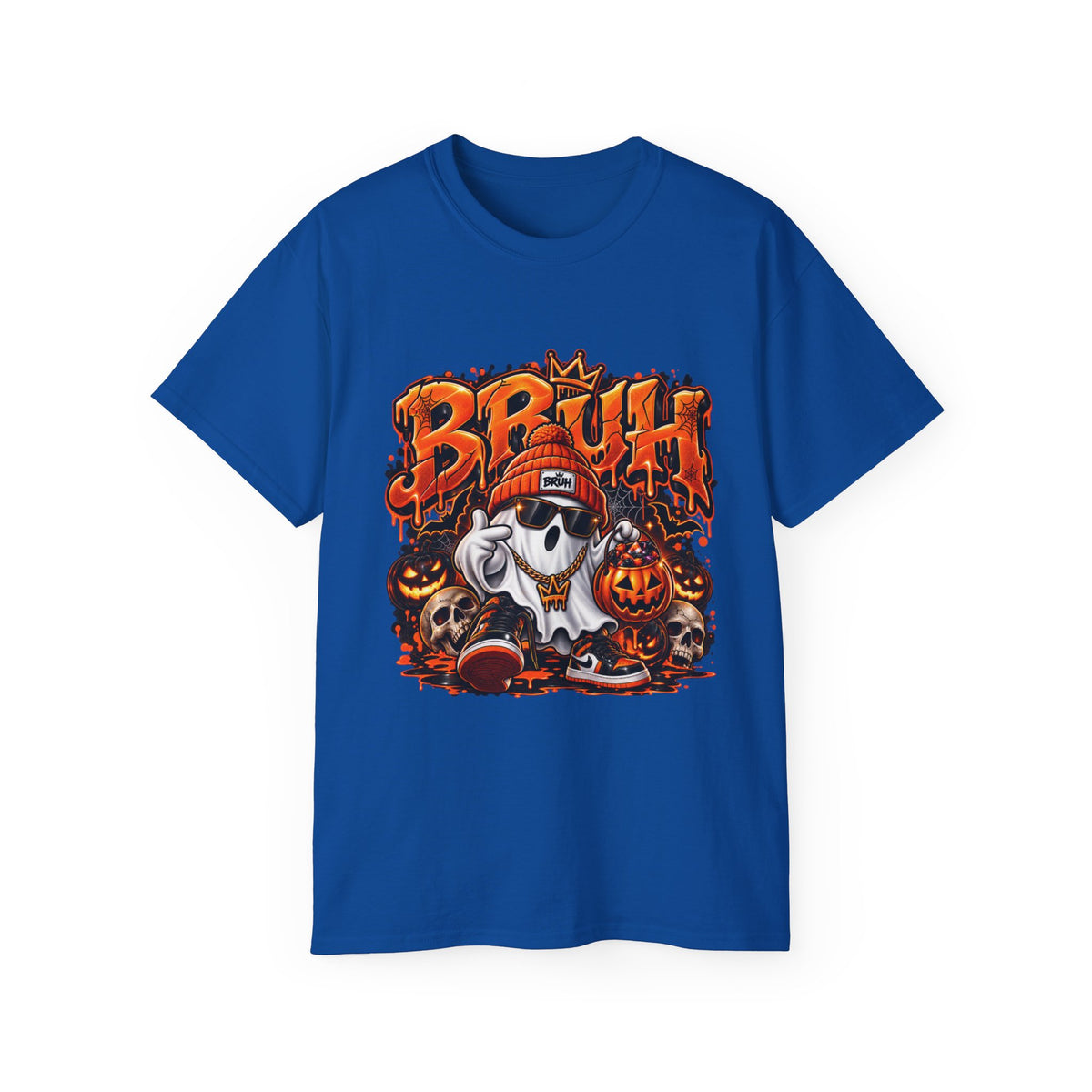 Halloween 'Bruh' Ghost Tee –Enhanced Spooky Pumpkin Skull Graphic T-Shirt