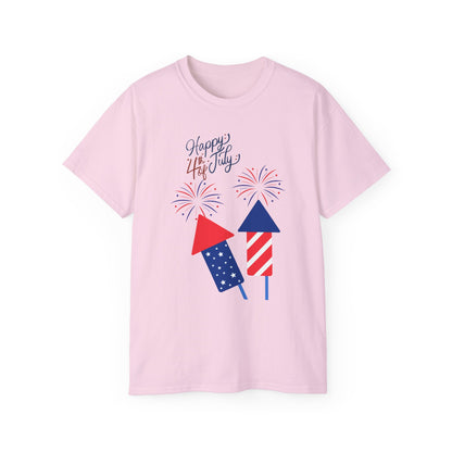 Fourth of July Fireworks Tee — "Happy 4th July" Patriotic Rocket T-Shirt
