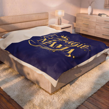 Bougie Mama Velveteen Plush Blanket (Blue) — Royal Gold Script Throw for Stylish Moms