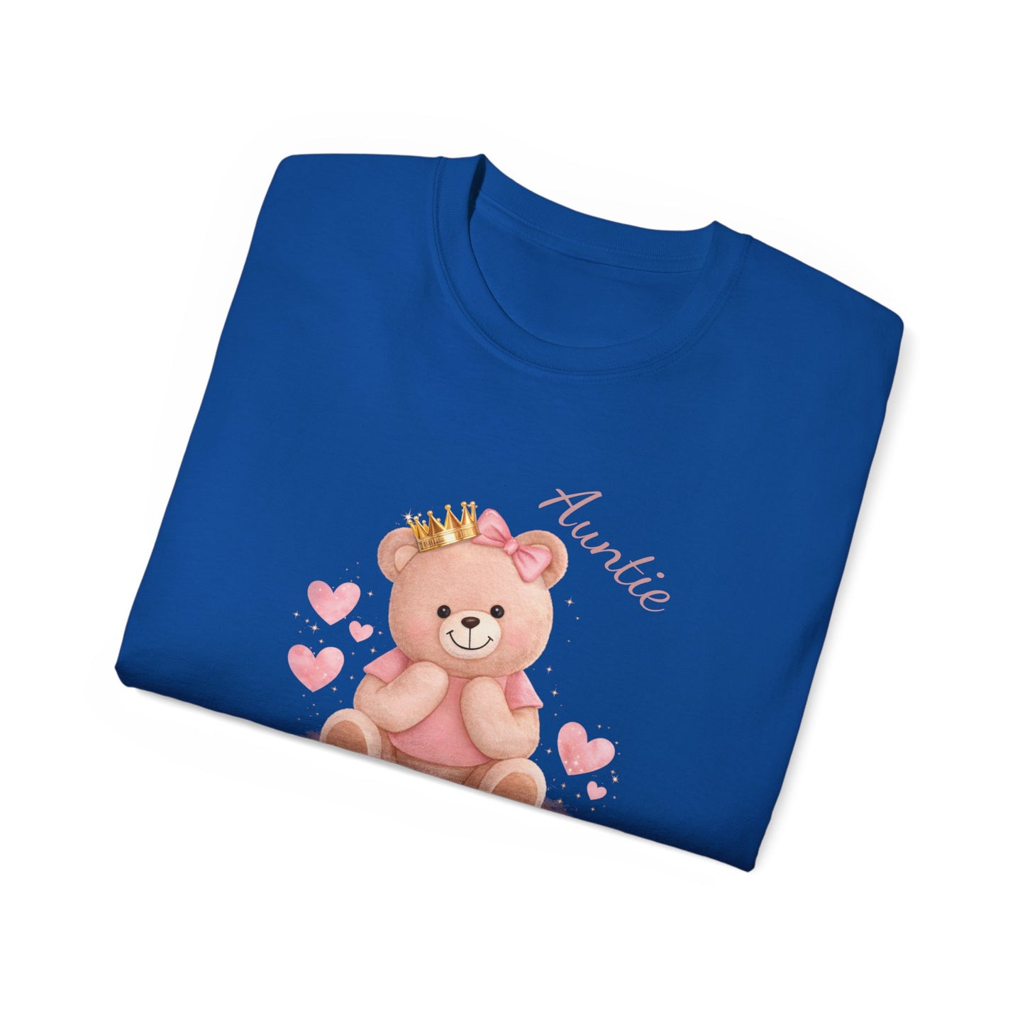 “Auntie Is a Queen” Cotton Tee — Cute Pink Crowned Bear Gift