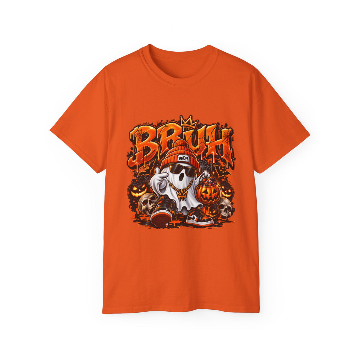 Halloween 'Bruh' Ghost Tee –Enhanced Spooky Pumpkin Skull Graphic T-Shirt