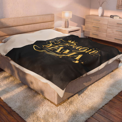Bougie Mama Velveteen Plush Blanket (Black)— Luxurious Gold Script Throw for Moms, Mother's Day Gift