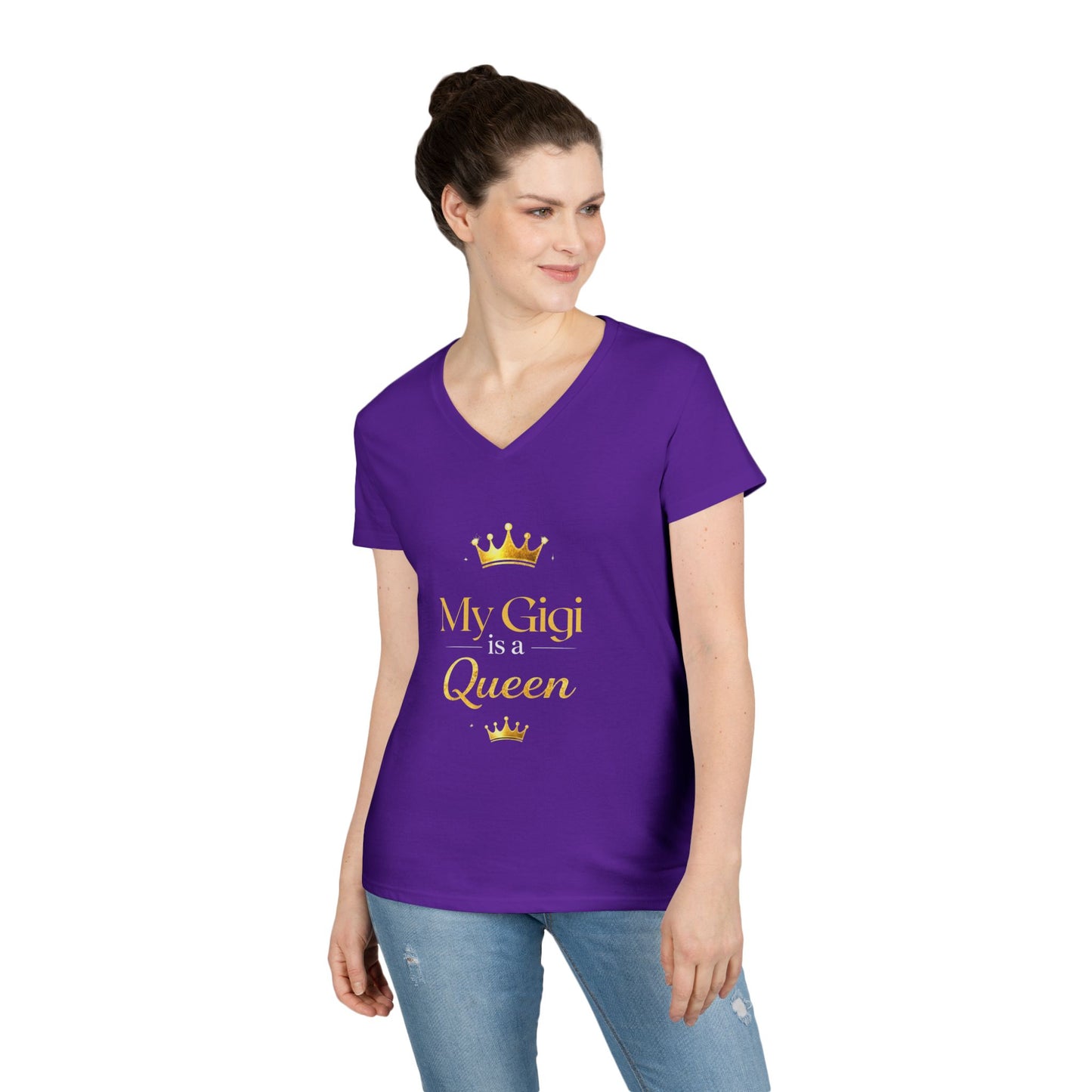 My Gigi Is a Queen V-Neck Tee (Purple)— Granddaughter Gift, Gigi Queen Shirt