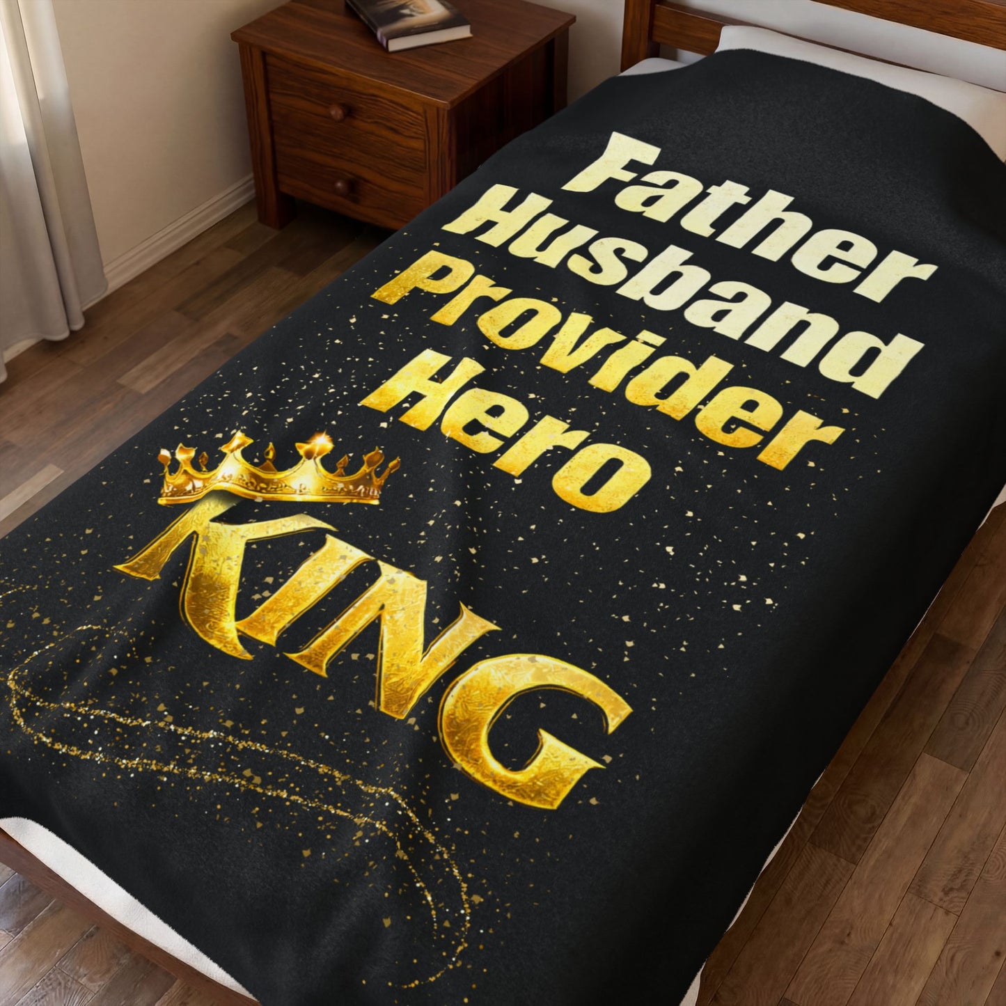 "Father Husband Provider Hero King" Velveteen Blanket (Black) Gift for Dad
