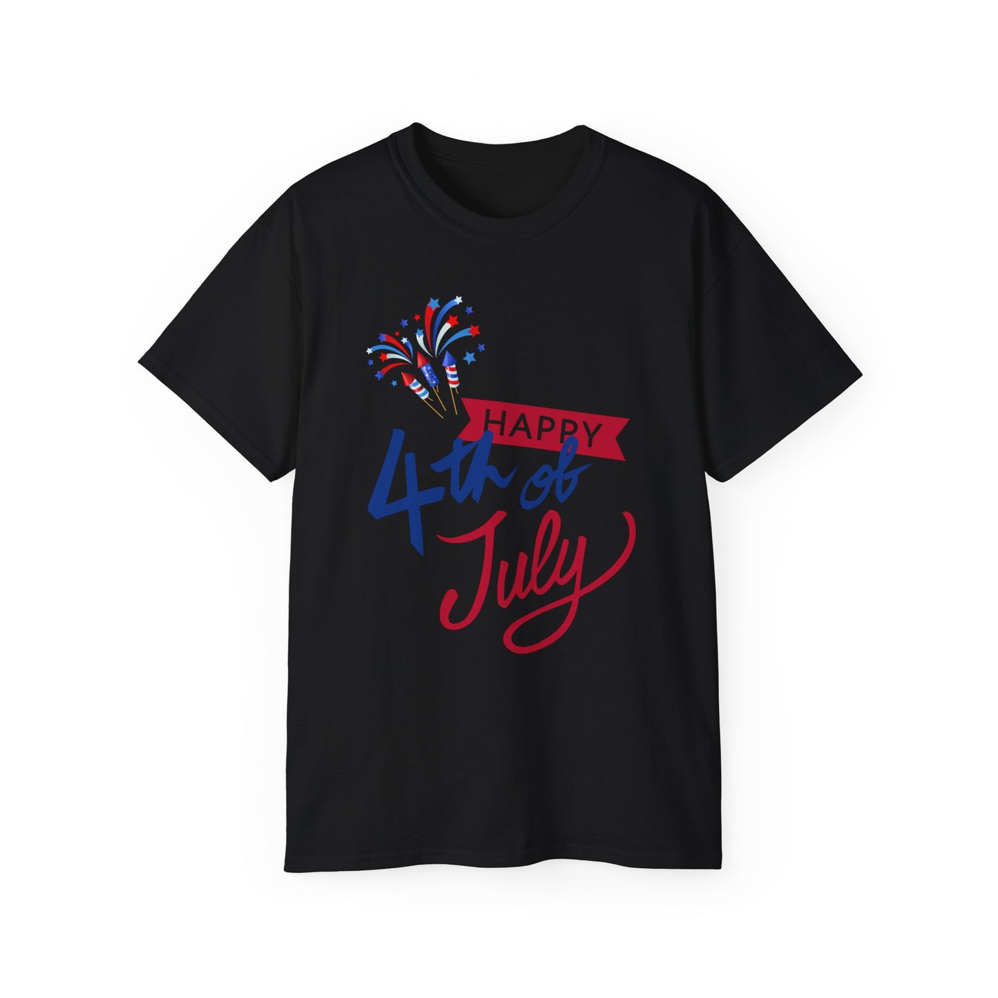 4th of July Graphic Tee - "Happy 4th of July" Fireworks Patriotic T-Shirt