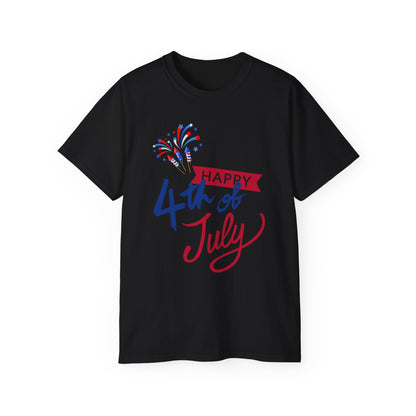 4th of July Graphic Tee - "Happy 4th of July" Fireworks Patriotic T-Shirt