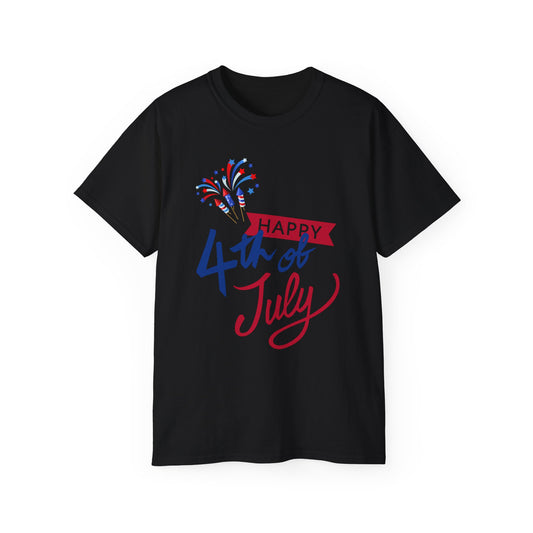4th of July Graphic Tee - "Happy 4th of July" Fireworks Patriotic T-Shirt