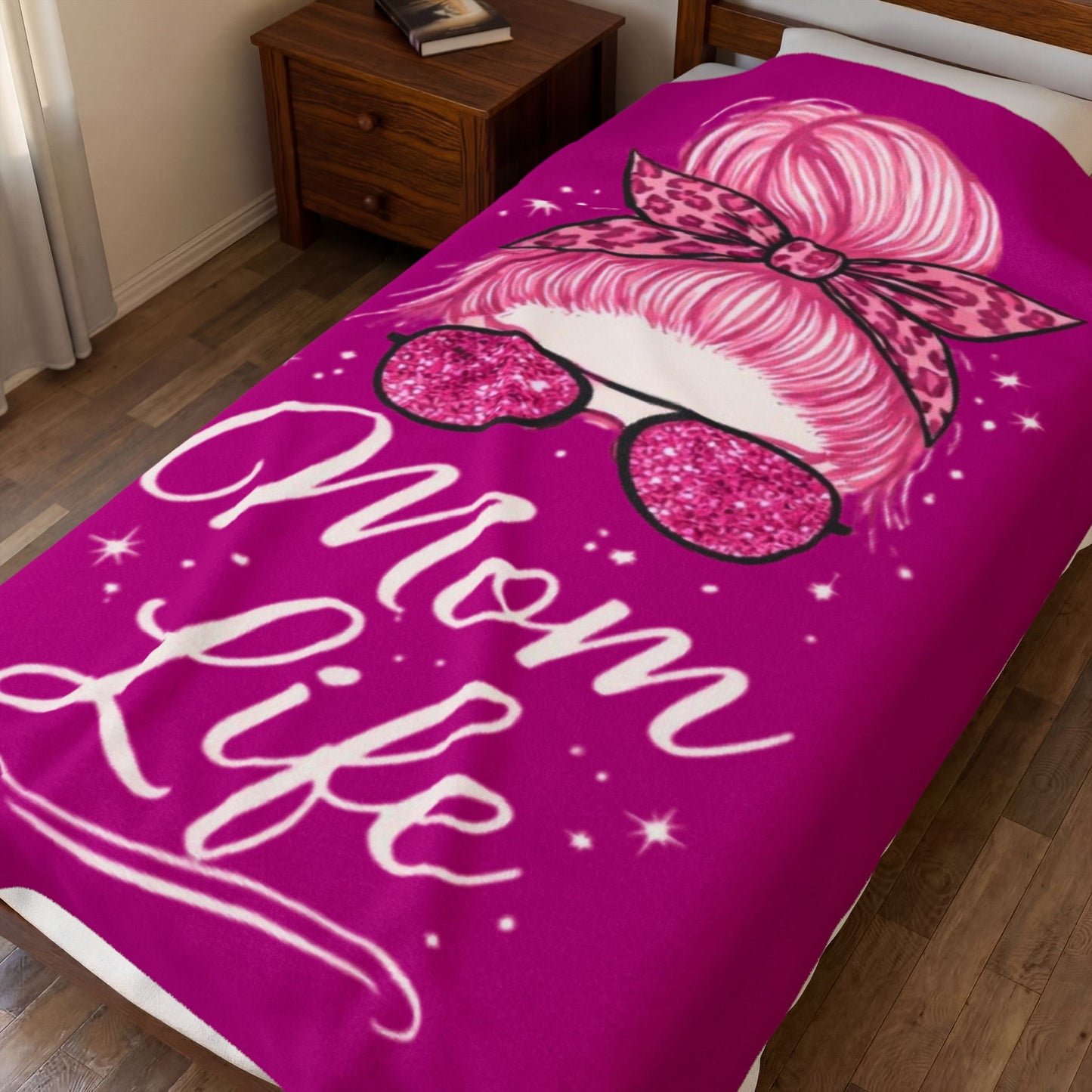 Mom Life Velveteen Plush Blanket — Pink Messy Bun Design