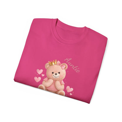 “Auntie Is a Queen” Cotton Tee — Cute Pink Crowned Bear Gift