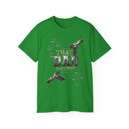 That Dad Built Different T‑Shirt — Gun & Bullet Hole Graphic Father’s Day Tee