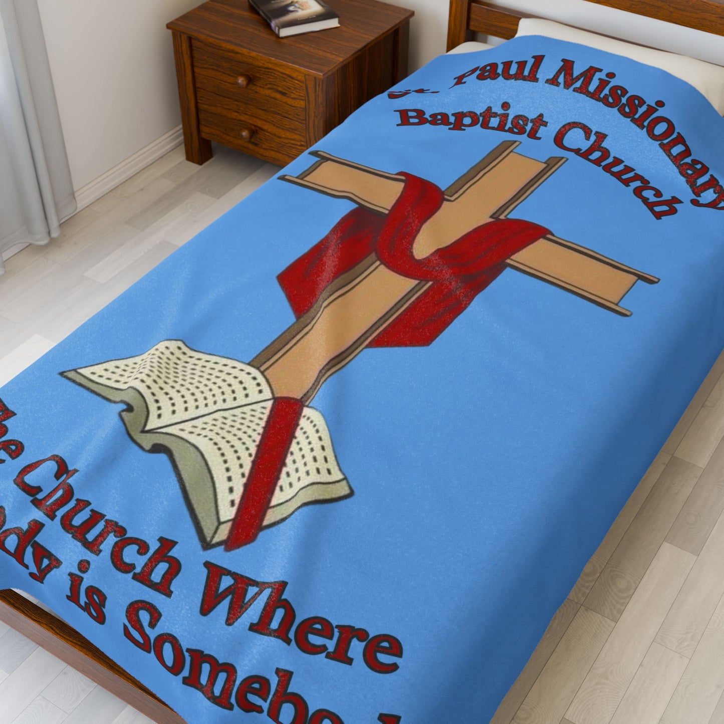 Church Cross Velveteen Blanket — Lt Blue