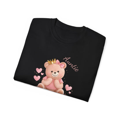 “Auntie Is a Queen” Cotton Tee — Cute Pink Crowned Bear Gift