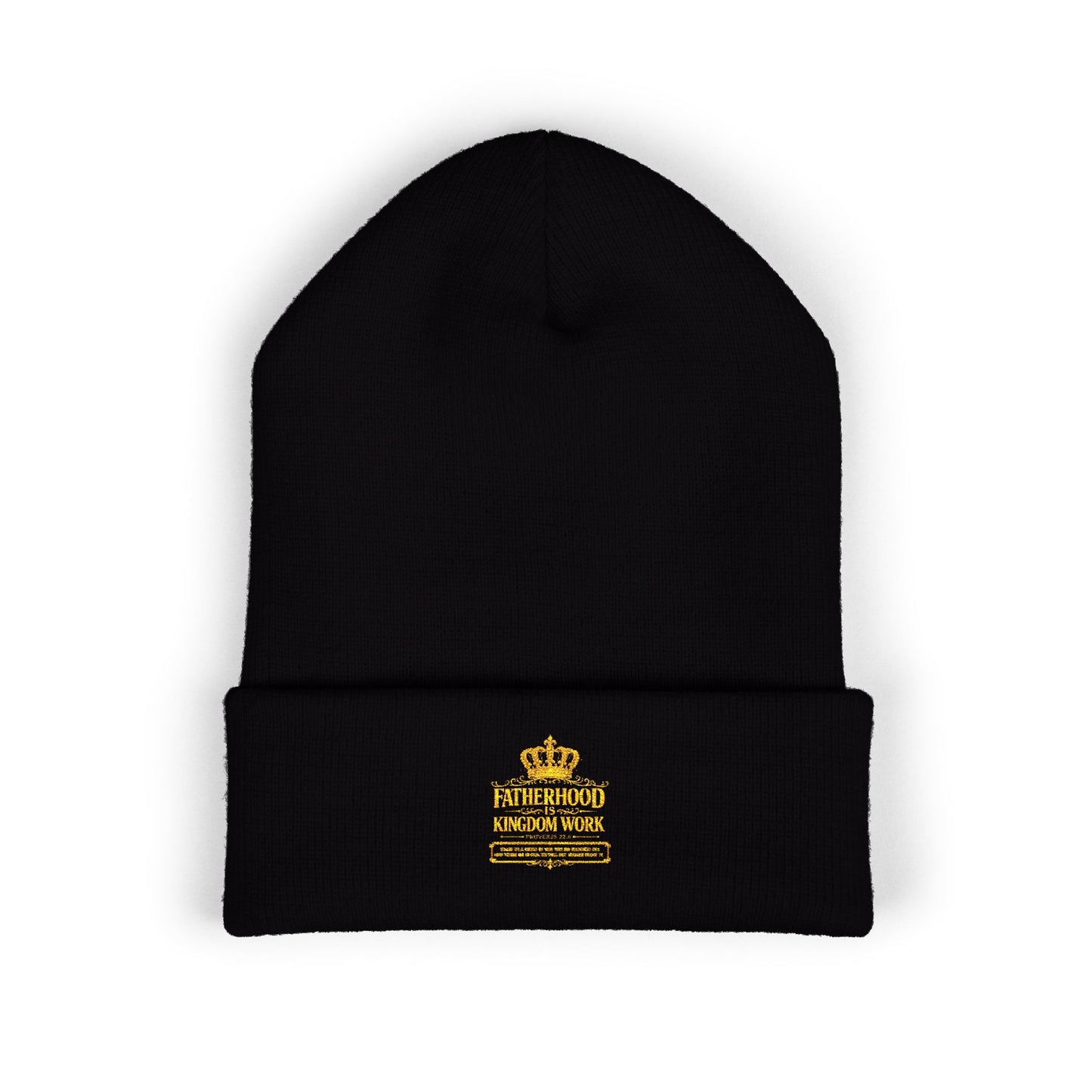 Embroidered Gold Crown Cuffed Beanie — Classic Winter Knit Hat