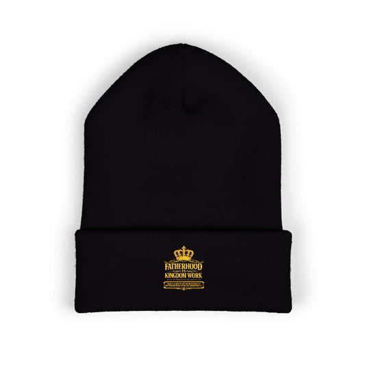 Embroidered Gold Crown Cuffed Beanie — Classic Winter Knit Hat