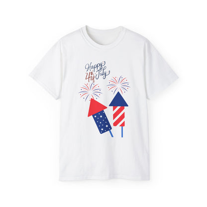 Fourth of July Fireworks Tee — "Happy 4th July" Patriotic Rocket T-Shirt